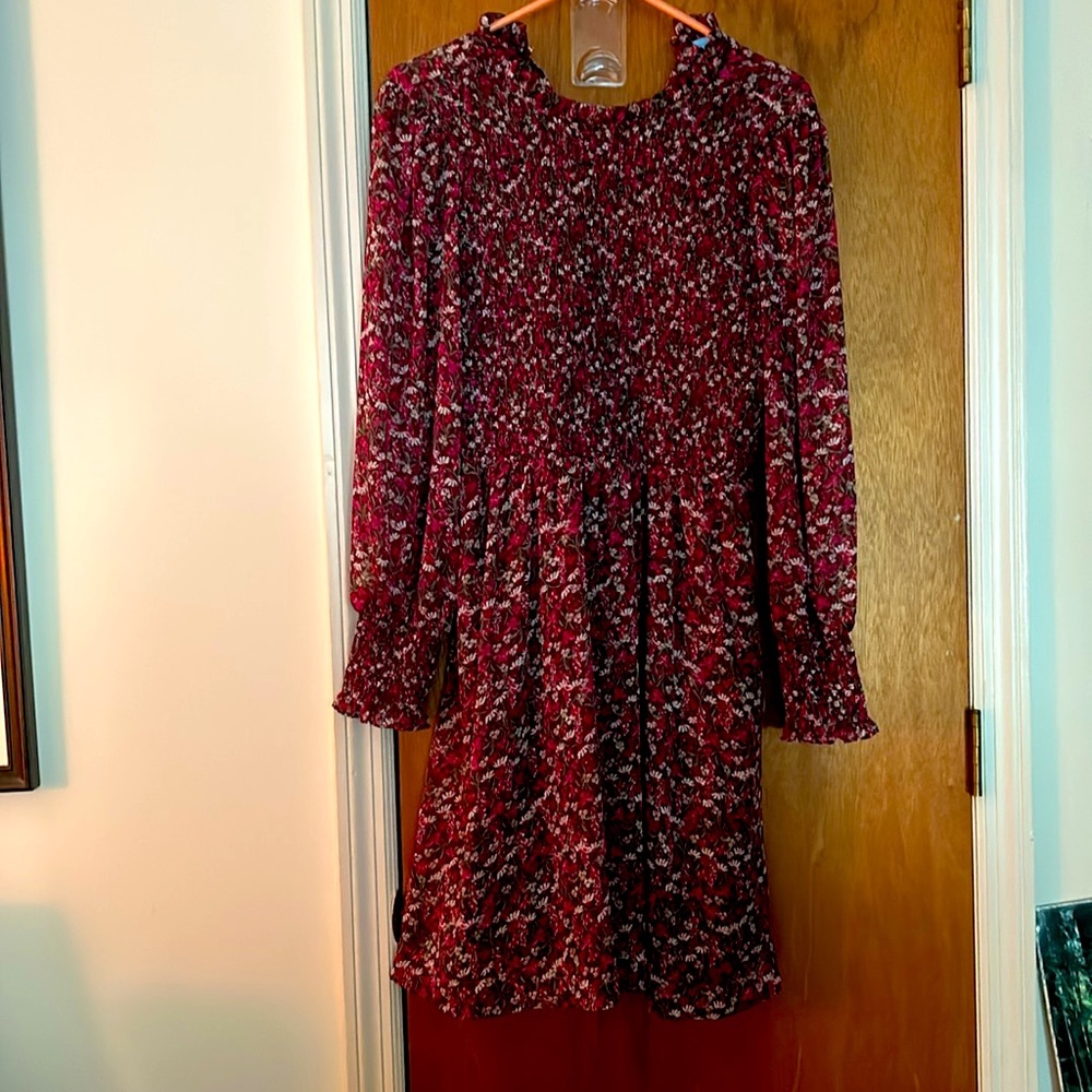 Cute spring dress burgundy with little pink flowers, medium ruching bodice.